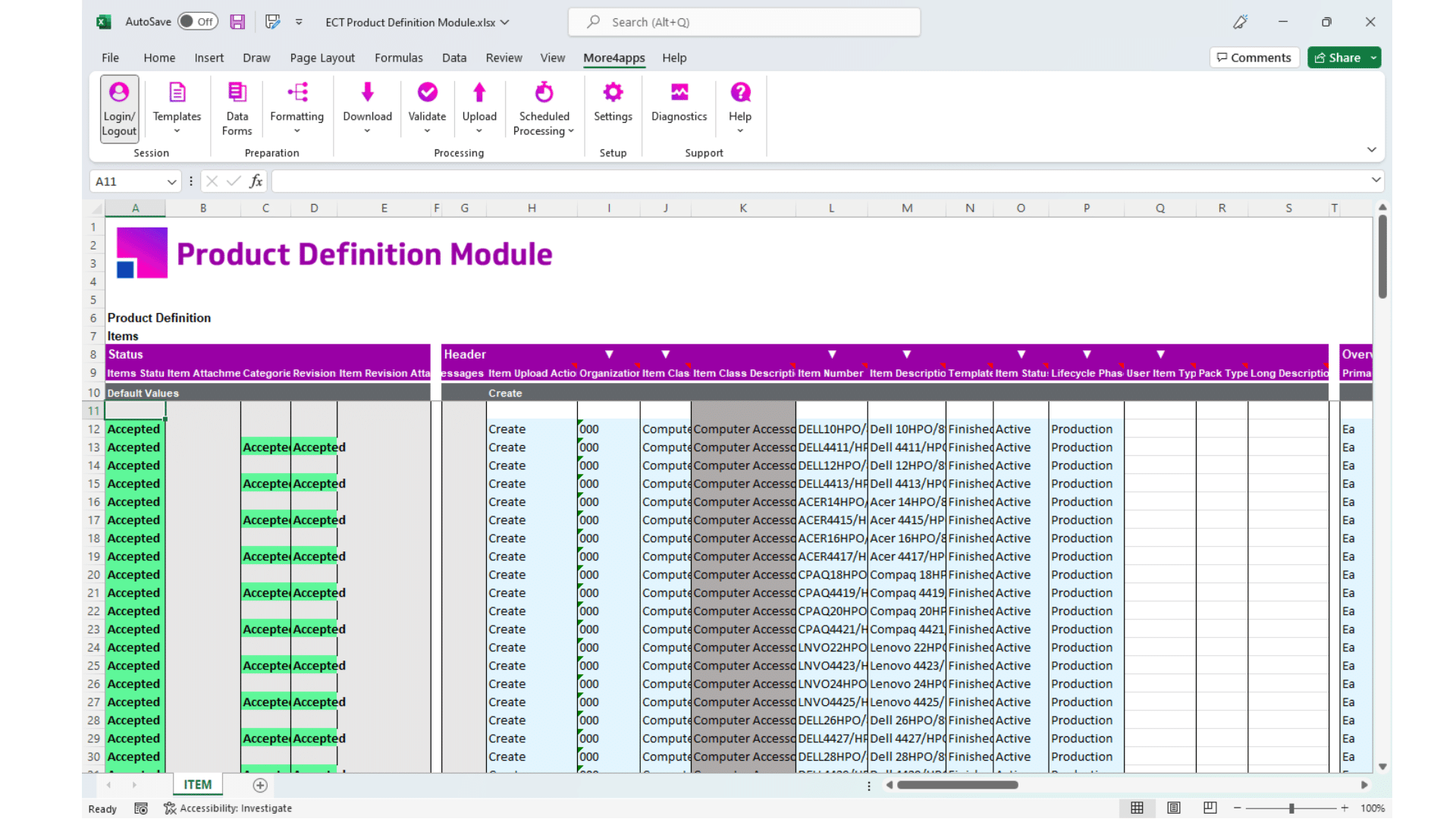 The More4apps Product Definition Module supports Items.