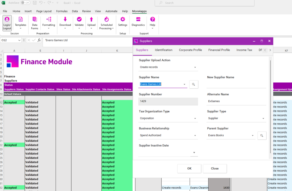 Creating Supplier Records in the More4apps ERP Cloud Toolbox Finance Module.